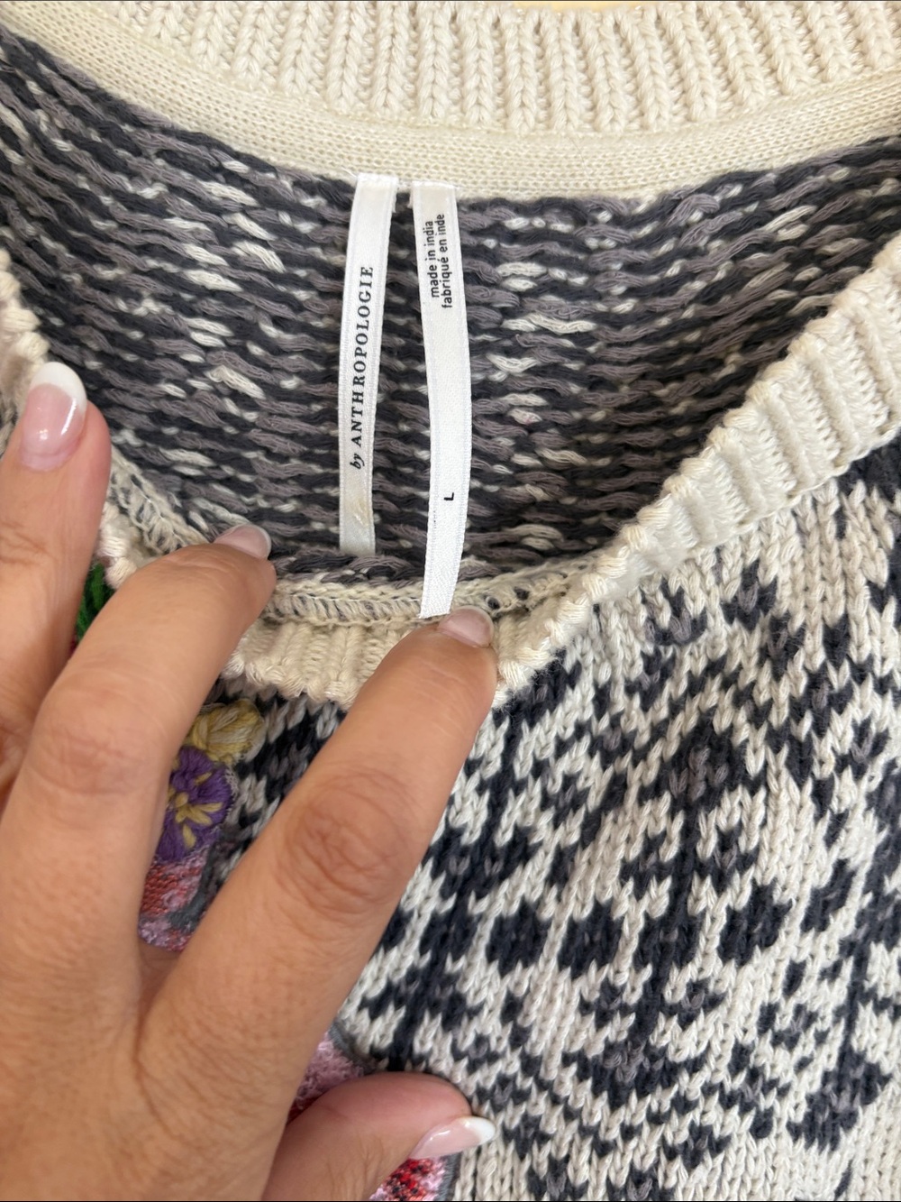 Anthropologie Cream Cable-Knit Sweater with Multicolor Floral Embroidery - Picture 2 of 5